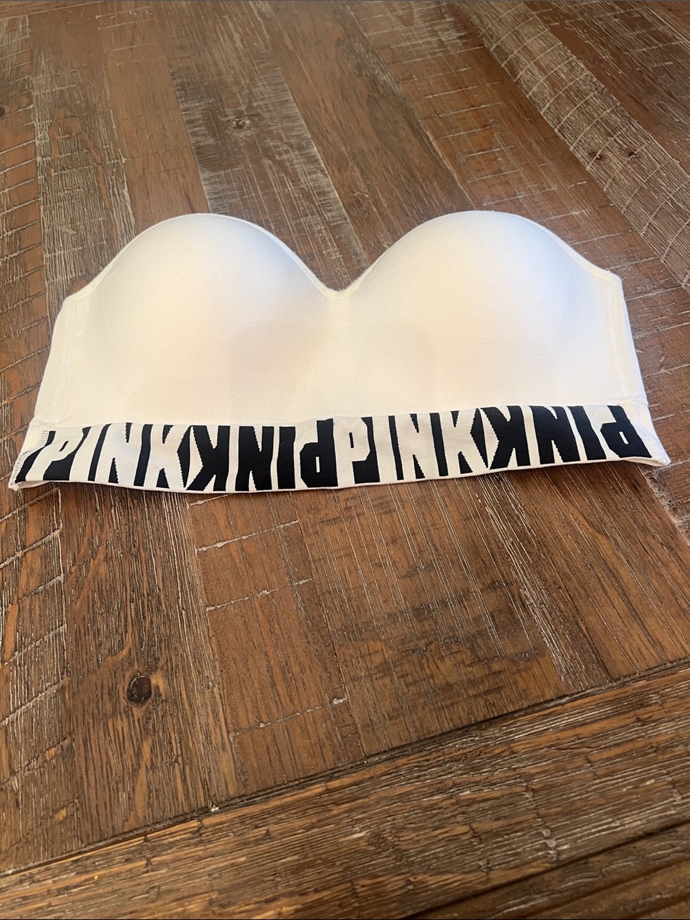 PINK Victoria's Secret White Strapless Bandeau with Black Logo Ban Medium B80
